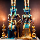 Ornate Egyptian statues in gold and blue with lit candles on moody background