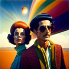 Retro-futuristic portrait of man and woman with hot air balloon