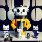 Whimsical cat-like robot and figurines in honeycomb decor