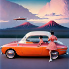 Two women in matching outfits by vintage orange car, futuristic vehicle, twin volcanoes at dusk