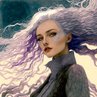 Stylized portrait of woman with white and purple hair and intricate patterns on face against abstract background