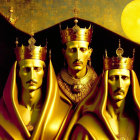 Three identical kings in golden cloaks under a moon with a stylized cityscape.