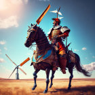 Medieval knight in armor on horse with lance and windmill in background