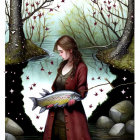 Woman in red coat holding large fish by stream with mystical stars