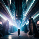 Figure in futuristic hall with illuminated arches and radiant beam.