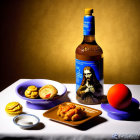 Still life photo with bottle, figurine, red sphere, cookies, pastry on colored dishes, gold