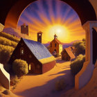 Sunlit village painting with domed structures and figure