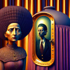 Surreal woman with large round hairstyle next to submarine porthole and man's portrait on striped