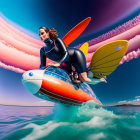 Surreal image: Two people on fish-shaped jet ski with colorful surfboards