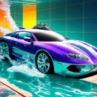 Purple sports car submerged in pool water with dynamic splashes and vibrant backdrop.