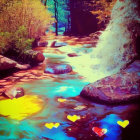 Colorful forest stream with floating heart emojis - Stylized image