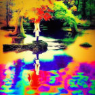 Surreal forest scene with vibrant colors and reflection in water