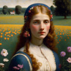 Portrait of a Young Woman with Red Hair in Flowery Field