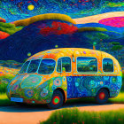 Colorful Psychedelic-Patterned Van in Vibrant Van Gogh-Inspired Landscape