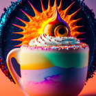 Colorful Cup with Whipped Cream and Sprinkles on Vibrant Eye Sunburst Background