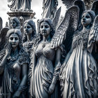 Intricately Carved Angel Statues with Detailed Wings in Blue Monochrome