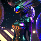 Futuristic armored alien in cosmic setting with intricate detailing