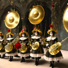 Ornately Dressed Characters with Brass Instruments in Baroque Room