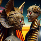 Golden robotic figures with intricate headgear in close proximity on warm-toned background