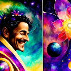 Colorful digital painting of a smiling man surrounded by cosmic and floral elements