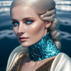 Pale-skinned woman with blue eyes and platinum blonde braided hair in turquoise choker and golden outfit