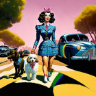 Illustration of woman in blue plaid dress with bow, walking dogs near classic car