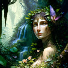 Mythical forest nymph surrounded by greenery and flowers