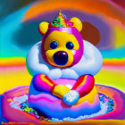 Colorful Bear Figurine with Party Hat on Psychedelic Rainbow Background