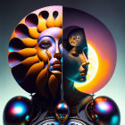 Mirrored faces with sun and moon motifs in vibrant colors on circular backdrop