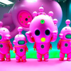 Pink Cartoonish Space Creatures in Sci-Fi Environment with Spaceship