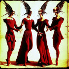 Three individuals in dramatic red costumes with winged headpieces on light background