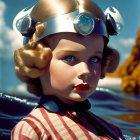 Blonde Curled Girl in Retro-Futuristic Helmet on Blue Background