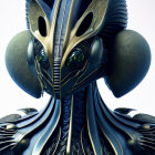 Detailed 3D-rendered alien robotic head with symmetrical design and glowing green eyes