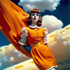 Woman in retro orange dress with fish against blue sky