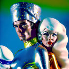 Stylized retro-futuristic man and woman in space-themed outfits