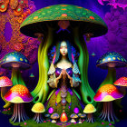 Colorful artwork: Woman with flowing hair among psychedelic mushrooms