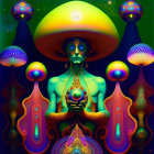 Psychedelic illustration with central figure, sunglasses, mushroom cap, vibrant mushrooms, cosmic motifs