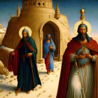 Three robed figures near a castle in a mountainous landscape.