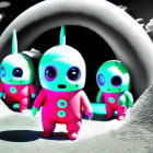 Colorful Cartoonish Astronauts on Lunar Surface with Planet and Rings