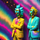 Colorful Tribal Masked Figures in Psychedelic Setting