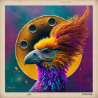 Vibrant stylized bird with cosmic backdrop.