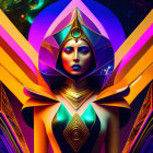 Digital artwork: Stylized female figure in futuristic Egyptian headgear on cosmic background.