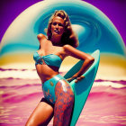 Vintage-style illustration: Woman in blue bikini with surfboard on beach, surreal large wave.