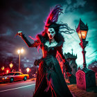 Elaborate Gothic attire and dramatic clown-like makeup at night by graveyard