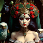 Woman with pale skin, dark lipstick, intricate headgear, flanked by intense owls