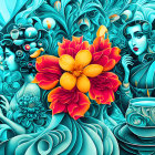 Colorful digital artwork of stylized women with floral and teapot motifs