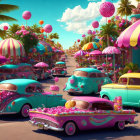 Vibrant retro street with palm trees, vintage cars, pink flowers, and festive lanterns