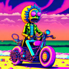 Colorful artwork: Rick on custom motorcycle at psychedelic beach.