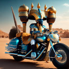 Person in Ancient Egyptian Armor on Custom Motorcycle in Desert