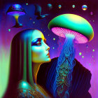 Colorful digital artwork: Woman with jellyfish hair in psychedelic scene